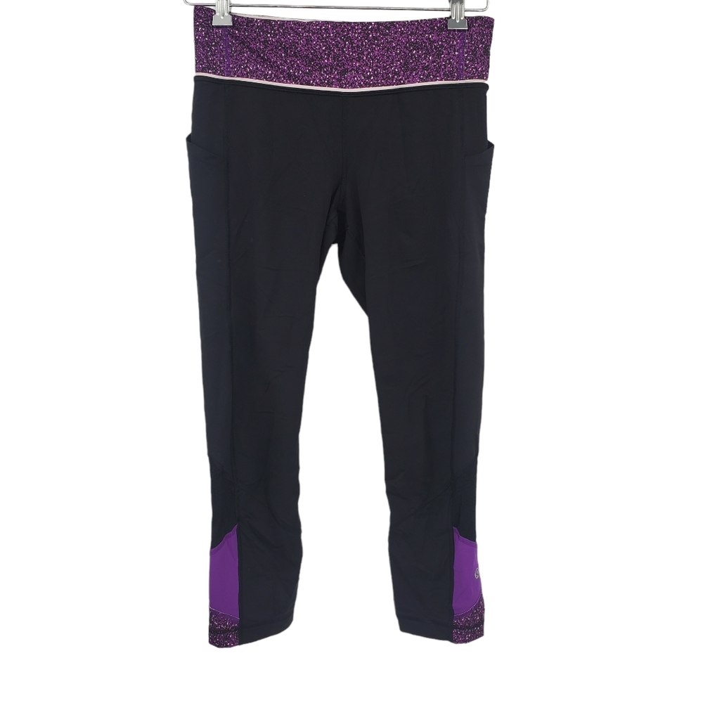 Lululemon Run Inspire Crop Black Purple Leggings Size 6 Workout Zip Pocket